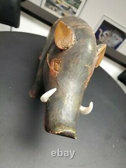 HUGE Folk Art Wild Boar 17 Hand Carved Real Tusk Artist J. Marsh 1968