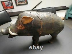 HUGE Folk Art Wild Boar 17 Hand Carved Real Tusk Artist J. Marsh 1968