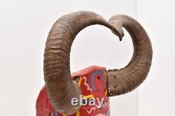 HUGE Guerrero Mexican Folk Art Carved Painted Wood Wall Mask Devil Goat Horn 14