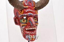 HUGE Guerrero Mexican Folk Art Carved Painted Wood Wall Mask Devil Goat Horn 14