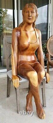 HUGE Hand Carved Wood WOMAN Folk Art Sculpture Vintage Mid-Century Modern MCM