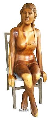 HUGE Hand Carved Wood WOMAN Folk Art Sculpture Vintage Mid-Century Modern MCM