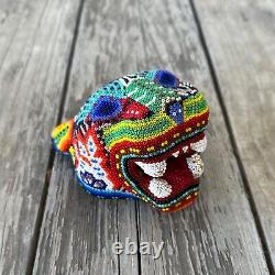 HUICHOL Carved Wood BEADED Mexican JAGUAR HEAD Folk Art Figure SIGNED