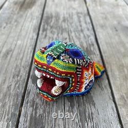 HUICHOL Carved Wood BEADED Mexican JAGUAR HEAD Folk Art Figure SIGNED