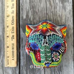 HUICHOL Carved Wood BEADED Mexican JAGUAR HEAD Folk Art Figure SIGNED