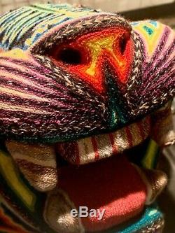 HUICHOL LARGE JAGUAR WOOD SCULPTURE YARN ART Mexican Folk Art Carved RARE WithYarn