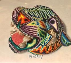 HUICHOL LARGE JAGUAR WOOD SCULPTURE YARN ART Mexican Folk Art Carved RARE WithYarn