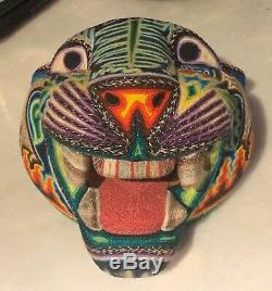 HUICHOL LARGE JAGUAR WOOD SCULPTURE YARN ART Mexican Folk Art Carved RARE WithYarn