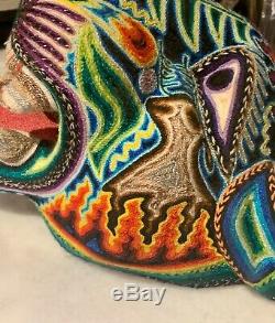 HUICHOL LARGE JAGUAR WOOD SCULPTURE YARN ART Mexican Folk Art Carved RARE WithYarn