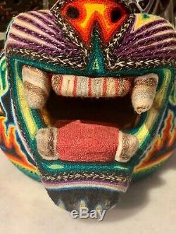 HUICHOL LARGE JAGUAR WOOD SCULPTURE YARN ART Mexican Folk Art Carved RARE WithYarn