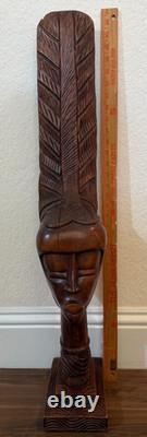 Haitian African Woman with Headdress Carved Wood Sculpture Folk Art 35.5 Signed