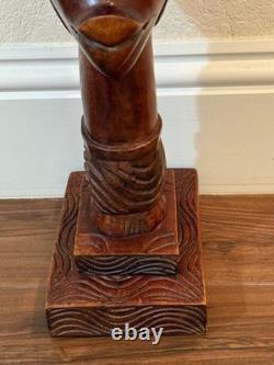 Haitian African Woman with Headdress Carved Wood Sculpture Folk Art 35.5 Signed