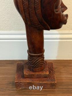 Haitian African Woman with Headdress Carved Wood Sculpture Folk Art 35.5 Signed