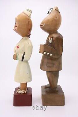 Hand Carved 14 Folk Art Unusual Wood Vtg Frog Character Doctor Nurse Red Cross