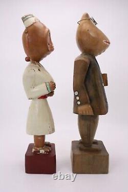 Hand Carved 14 Folk Art Unusual Wood Vtg Frog Character Doctor Nurse Red Cross