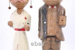 Hand Carved 14 Folk Art Unusual Wood Vtg Frog Character Doctor Nurse Red Cross