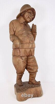 Hand Carved 24 Wood Sculpture Folk Art Vtg Man Hat Fisherman Seafarer XL Figure