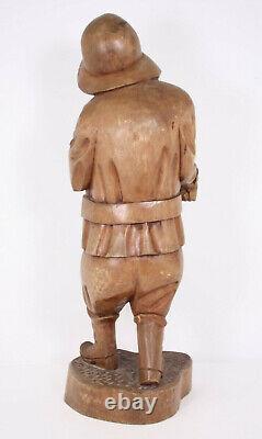 Hand Carved 24 Wood Sculpture Folk Art Vtg Man Hat Fisherman Seafarer XL Figure