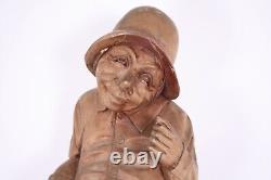 Hand Carved 24 Wood Sculpture Folk Art Vtg Man Hat Fisherman Seafarer XL Figure