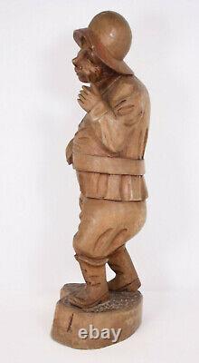 Hand Carved 24 Wood Sculpture Folk Art Vtg Man Hat Fisherman Seafarer XL Figure