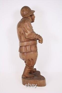 Hand Carved 24 Wood Sculpture Folk Art Vtg Man Hat Fisherman Seafarer XL Figure