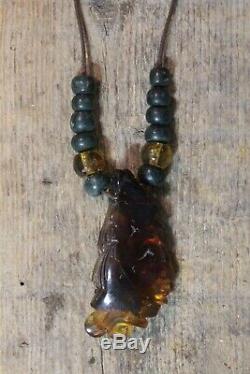 Hand Carved Amber Necklace Pakal Mayan King of Palenque Chiapas Mexico Folk Art