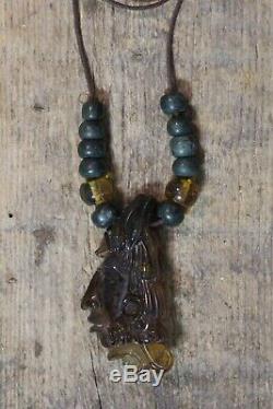 Hand Carved Amber Necklace Pakal Mayan King of Palenque Chiapas Mexico Folk Art