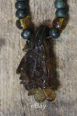 Hand Carved Amber Necklace Pakal Mayan King of Palenque Chiapas Mexico Folk Art