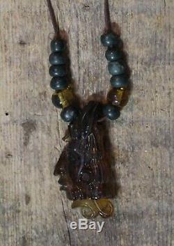 Hand Carved Amber Necklace Pakal Mayan King of Palenque Chiapas Mexico Folk Art