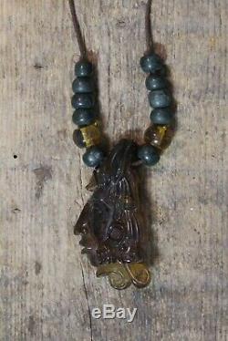 Hand Carved Amber Necklace Pakal Mayan King of Palenque Chiapas Mexico Folk Art