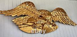 Hand Carved American Bald Eagle Patriotic Shield Wall Sculpture Gold FolkArt 44