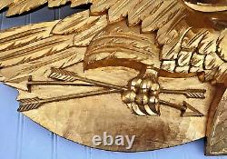 Hand Carved American Bald Eagle Patriotic Shield Wall Sculpture Gold FolkArt 44