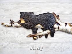 Hand Carved BLACK BEAR CUB Sleeping in BIRCH Tree Wall Art Wood Carving chainsaw