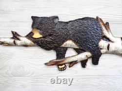 Hand Carved BLACK BEAR CUB Sleeping in BIRCH Tree Wall Art Wood Carving chainsaw