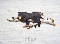 Hand Carved BLACK BEAR CUB Sleeping in BIRCH Tree Wall Art Wood Carving chainsaw