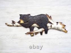 Hand Carved BLACK BEAR CUB Sleeping in BIRCH Tree Wall Art Wood Carving chainsaw
