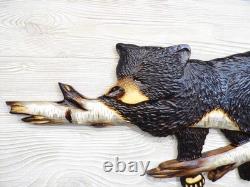 Hand Carved BLACK BEAR CUB Sleeping in BIRCH Tree Wall Art Wood Carving chainsaw