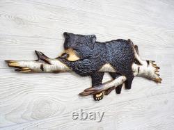 Hand Carved BLACK BEAR CUB Sleeping in BIRCH Tree Wall Art Wood Carving chainsaw