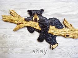 Hand Carved BLACK BEAR CUB laying on BRANCH Wall Art Wood Carving Cabin chainsaw