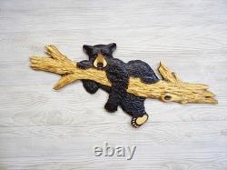Hand Carved BLACK BEAR CUB laying on BRANCH Wall Art Wood Carving Cabin chainsaw