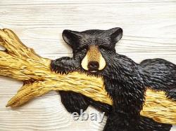Hand Carved BLACK BEAR CUB laying on BRANCH Wall Art Wood Carving Cabin chainsaw Hand Carved BLACK BEAR CUB laying on BRANCH Wall Art Wood Carving Cabin chainsaw