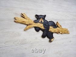 Hand Carved BLACK BEAR CUB laying on BRANCH Wall Art Wood Carving Cabin chainsaw