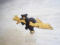 Hand Carved BLACK BEAR CUB laying on BRANCH Wall Art Wood Carving Cabin chainsaw
