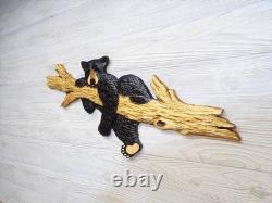 Hand Carved BLACK BEAR CUB laying on BRANCH Wall Art Wood Carving Cabin chainsaw