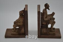 Hand Carved Bookends Seated Figural Seated Man Wood Sculpture Statue Folk Art