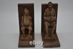 Hand Carved Bookends Seated Figural Seated Man Wood Sculpture Statue Folk Art