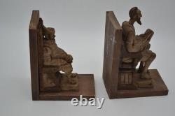 Hand Carved Bookends Seated Figural Seated Man Wood Sculpture Statue Folk Art