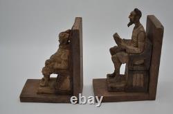 Hand Carved Bookends Seated Figural Seated Man Wood Sculpture Statue Folk Art