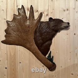 Hand Carved Chainsaw Grizzly Bear Sculpture Rustic Wall Art Antler Folk Art