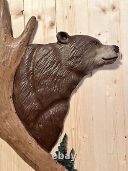 Hand Carved Chainsaw Grizzly Bear Sculpture Rustic Wall Art Antler Folk Art